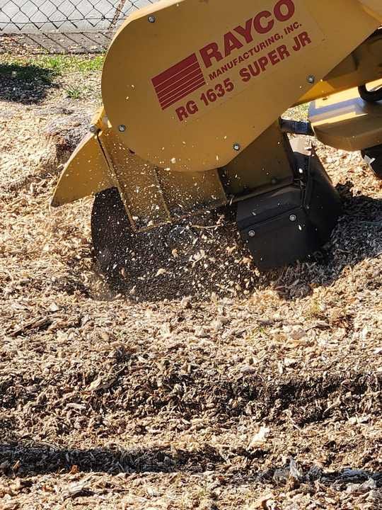 A Reno backyard after pruning, with the chipper on site